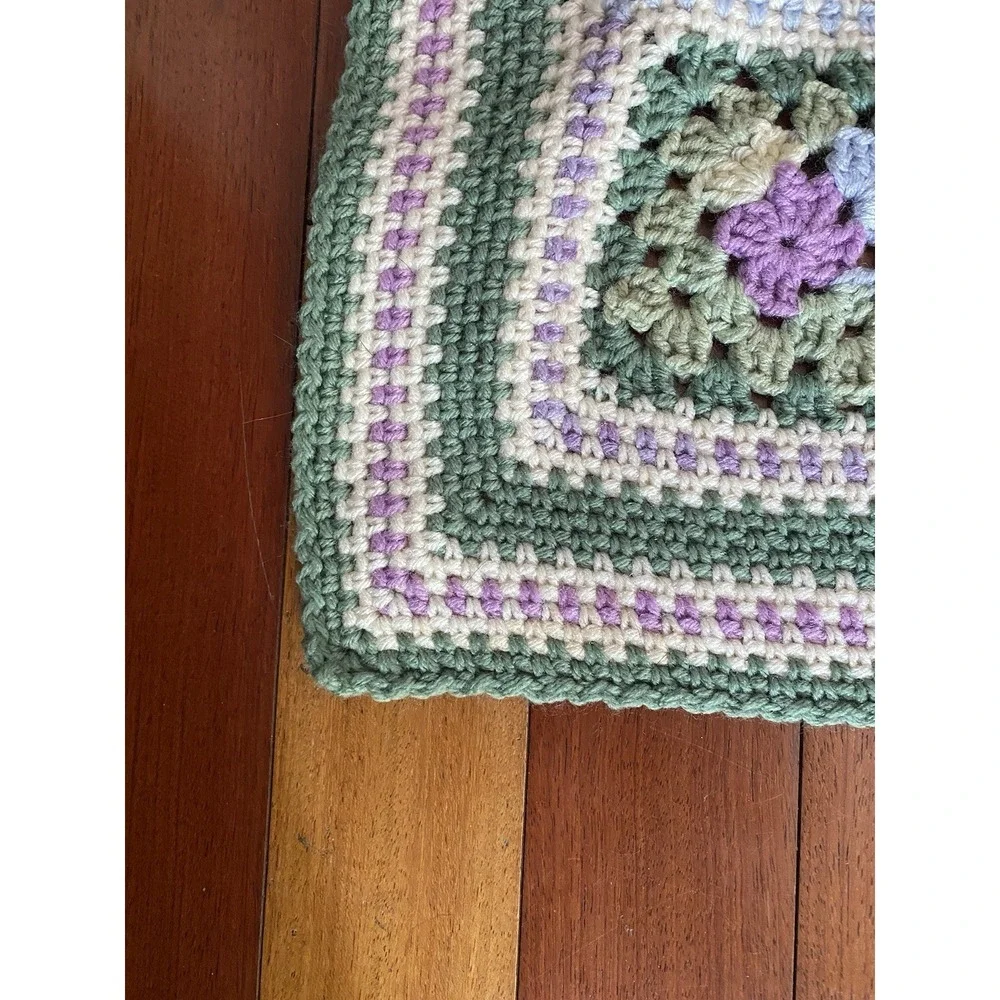 Vintage Handmade Crochet Green Cream Purple Afghan Throw Granny Square Blanket